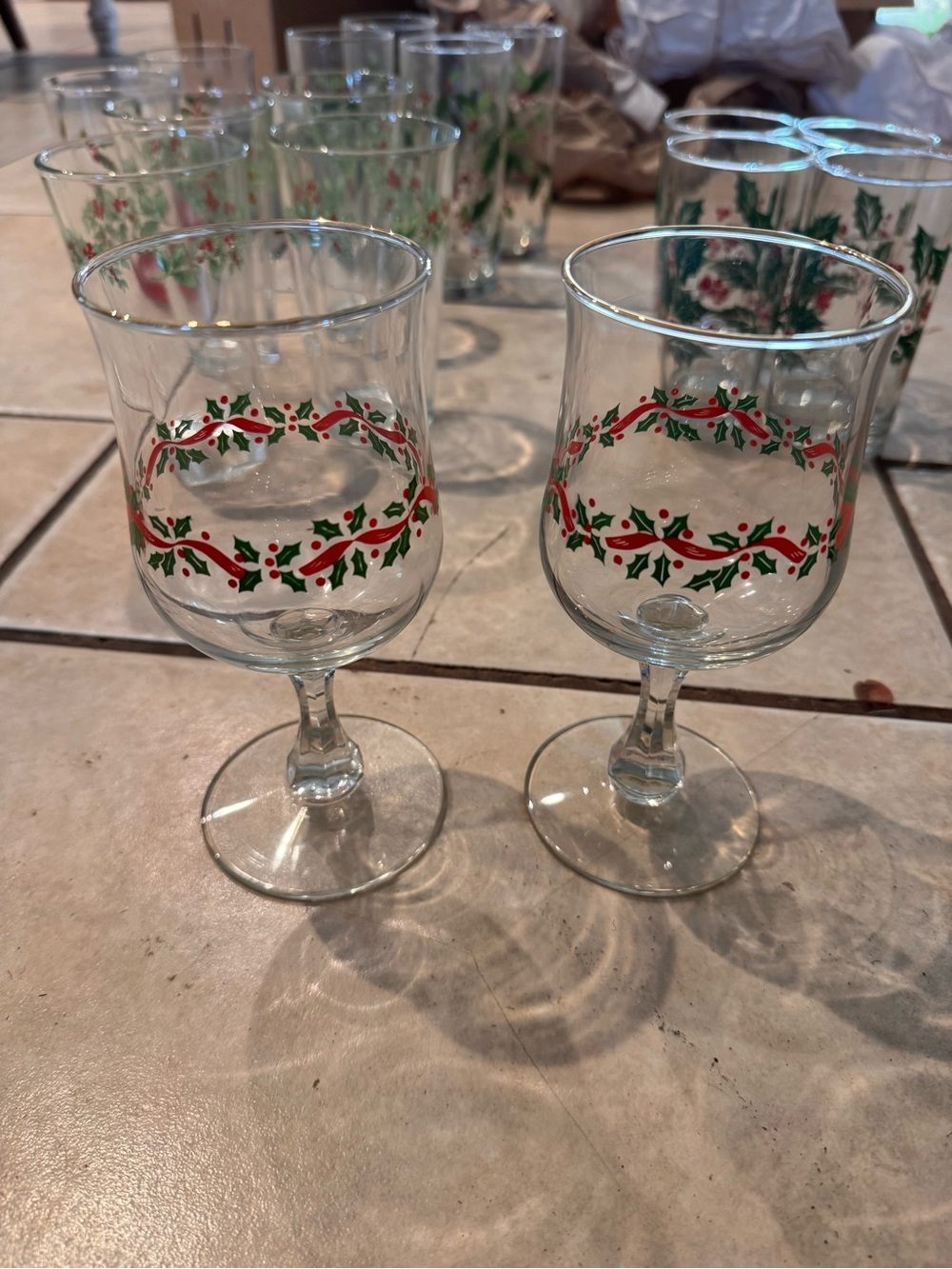 Red & Green Holly Stemmed Wine Glasses